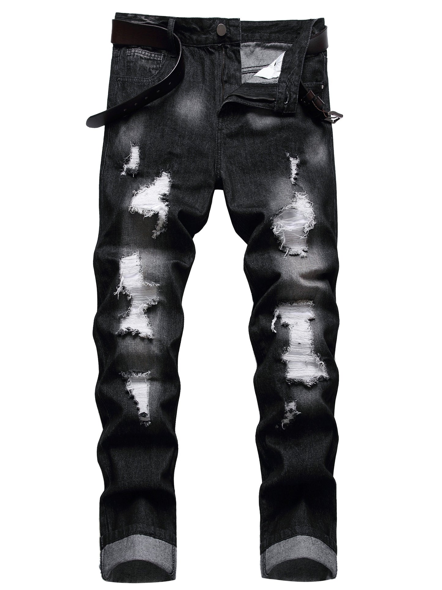 Men Ripped Jeans, Slim Fit Straight Leg, Denim Pants with Holes