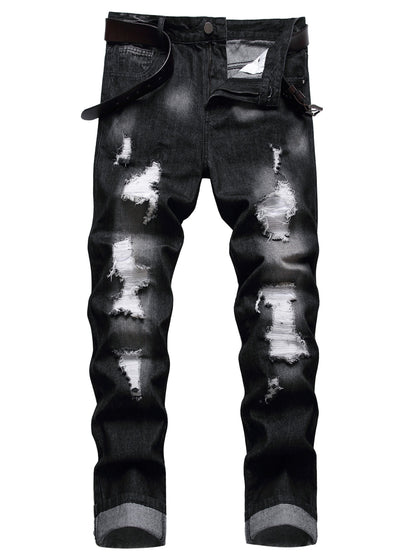 Men Ripped Jeans, Slim Fit Straight Leg, Denim Pants with Holes