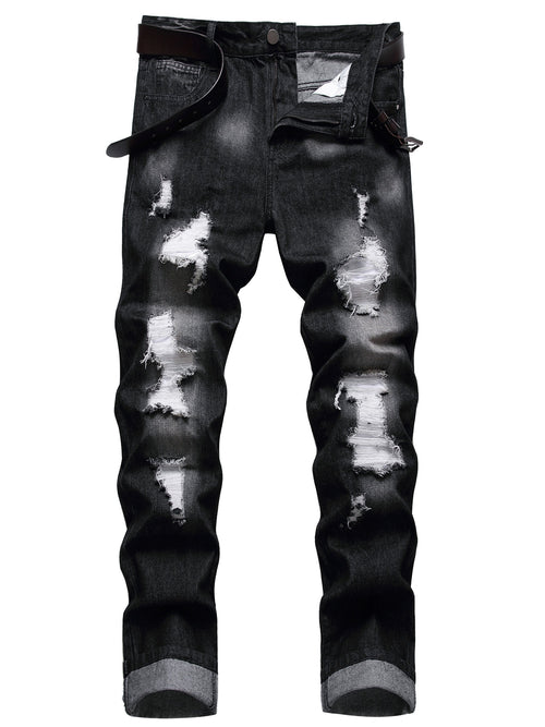 Men Ripped Jeans, Slim Fit Straight Leg, Denim Pants with Holes
