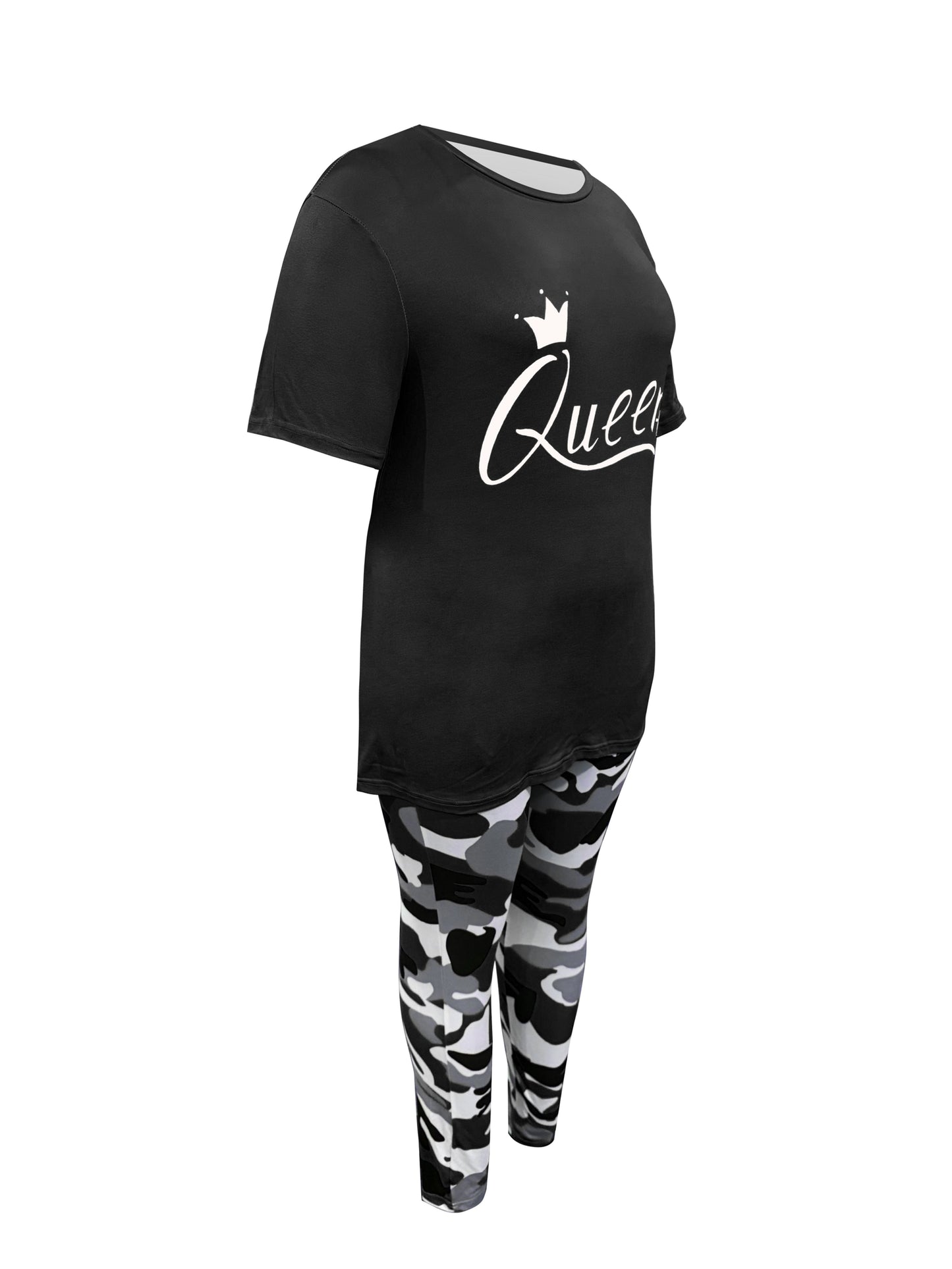 Plus Size - LADIES' Plus Size Daily Fashion Casual Set: Letter Print Crew Neck Short Sleeve T-shirt + Camouflage Long Pants With Pockets