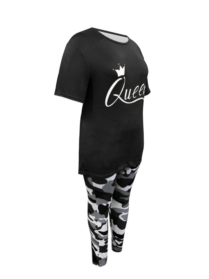 Plus Size - LADIES' Plus Size Daily Fashion Casual Set: Letter Print Crew Neck Short Sleeve T-shirt + Camouflage Long Pants With Pockets