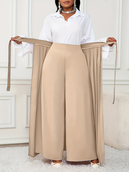 Plus Size - Plus-size Women'S Pants With Elegant Pleats, Removable Design, Two-way Wear, Straight-leg Style, Retro Chic, Casual, Suitable For All Seasons Throughout The Year.