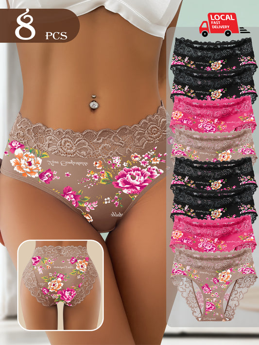 8-pack Floral Lace Women's Mid Waist Underwear with a Mid Waist Design That Fits the Body, Is Soft, Skin Friendly, Comfortable, Breathable, Triangular Underwear Suitable for Daily Wear and Dates