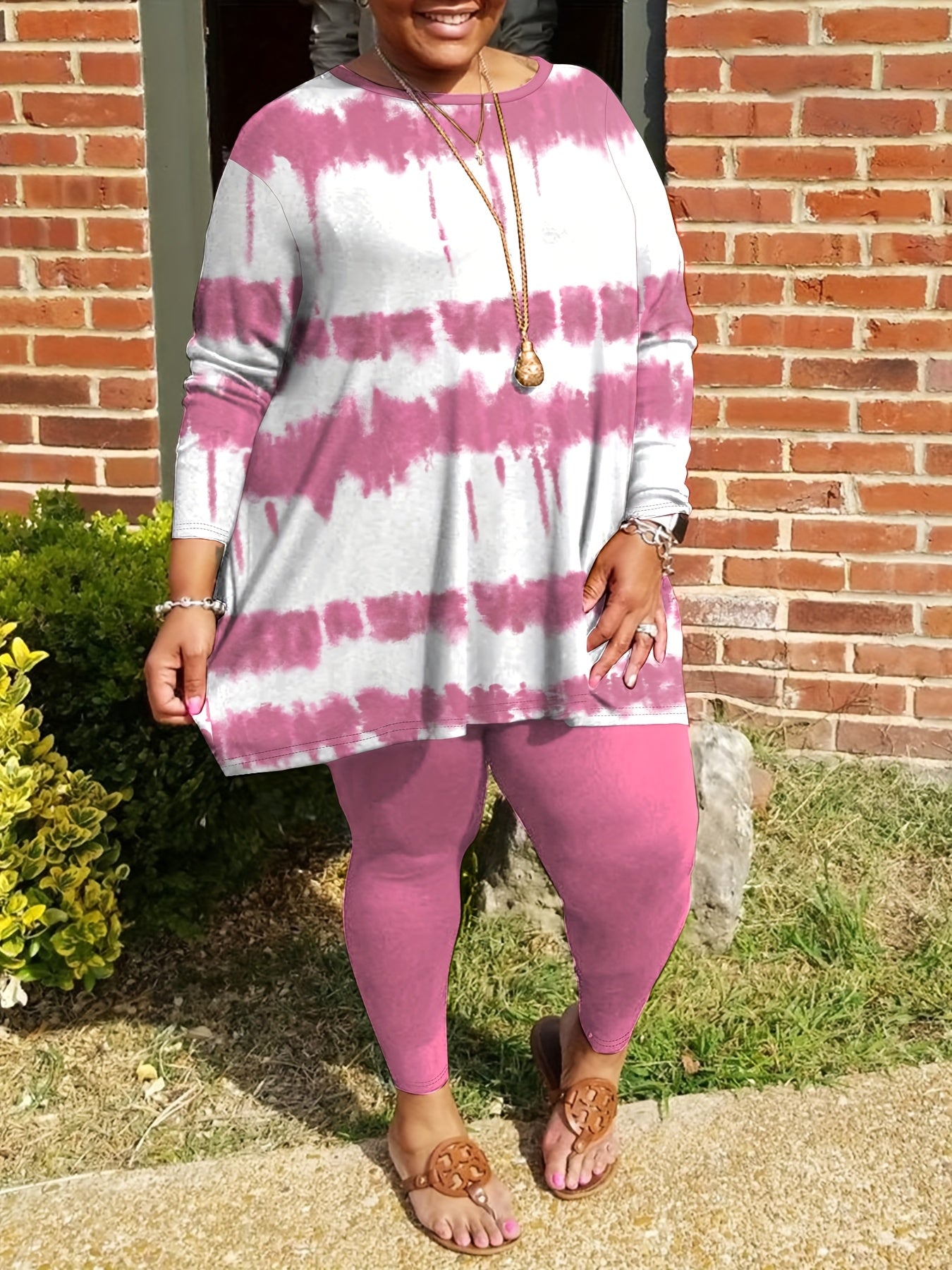 Plus Size - Plus-size Fashion Tie-dye Striped Print Long-sleeved Trousers Suit, Suitable For Going Out