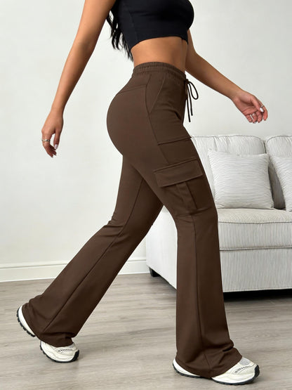 Women'S Solid Color Casual Drawstring Wide-Leg Sweatpants With Pockets, Elastic Waist Micro Flare Cargo Pants, Stretchy Pants For Daily Casual & Wear
