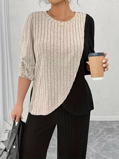 2pcs Round Neck Color-blocked Irregular Hem Top + Straight Trousers Women's Suit
