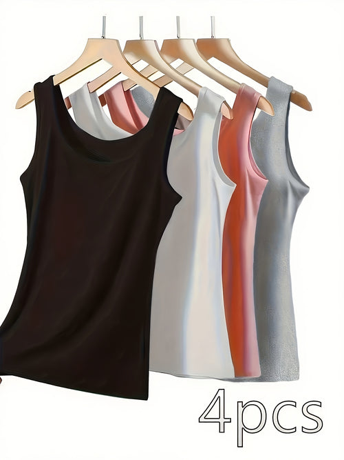 4pcs Women's Sleeveless Layered Vest - Black, White, Pink, Yellow, Seamless, Breathable Soft Fabric, No Padding, Smooth Texture, Versatile Casual & Formal Wear, Sleeveless Design, Simple & Fashionable, Seamless High Quality