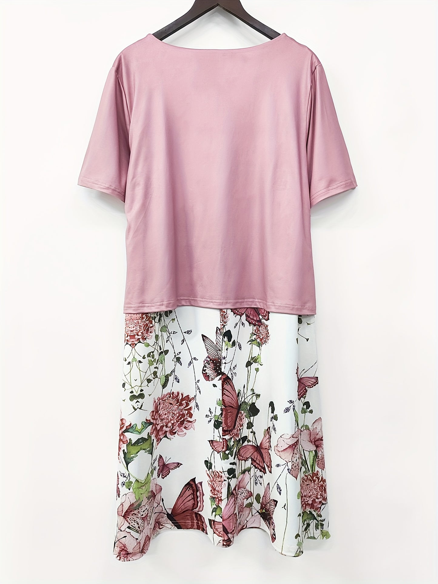 Plus Size - Plus Size - Women'S Round Neck Fake Two-Piece Elegant Dress - Fitted Short-Sleeved Midi Dress, Versatile And Suitable for All Seasons, Suitable for Work, Travel And Daily Wear, Butterfly And Flower Print, Machine Washable Soft Fabric