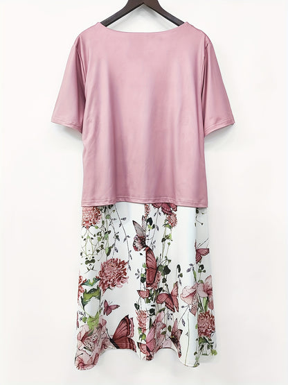 Plus Size - Plus Size - Women'S Round Neck Fake Two-Piece Elegant Dress - Fitted Short-Sleeved Midi Dress, Versatile And Suitable for All Seasons, Suitable for Work, Travel And Daily Wear, Butterfly And Flower Print, Machine Washable Soft Fabric