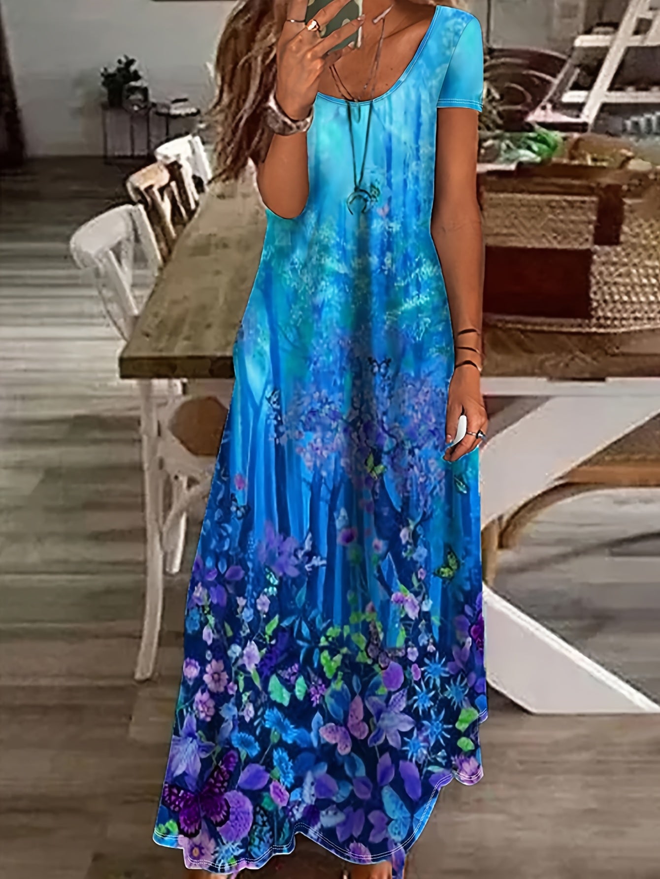 New Fashion Vacation Style Plant Butterfly Printed Short Sleeve Dress [Directional]