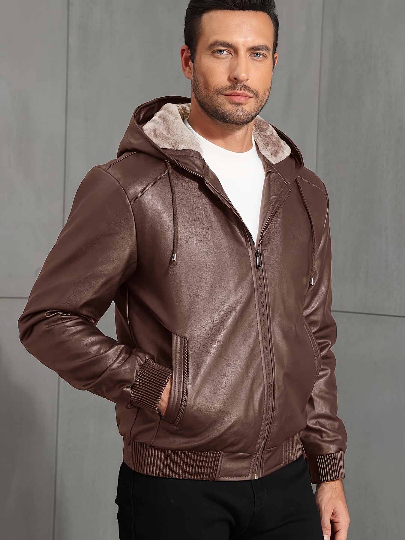 Men's Solid Color PU Faux-Leather Hooded Jackets, Trendy Thick Jacket for Spring Autumn