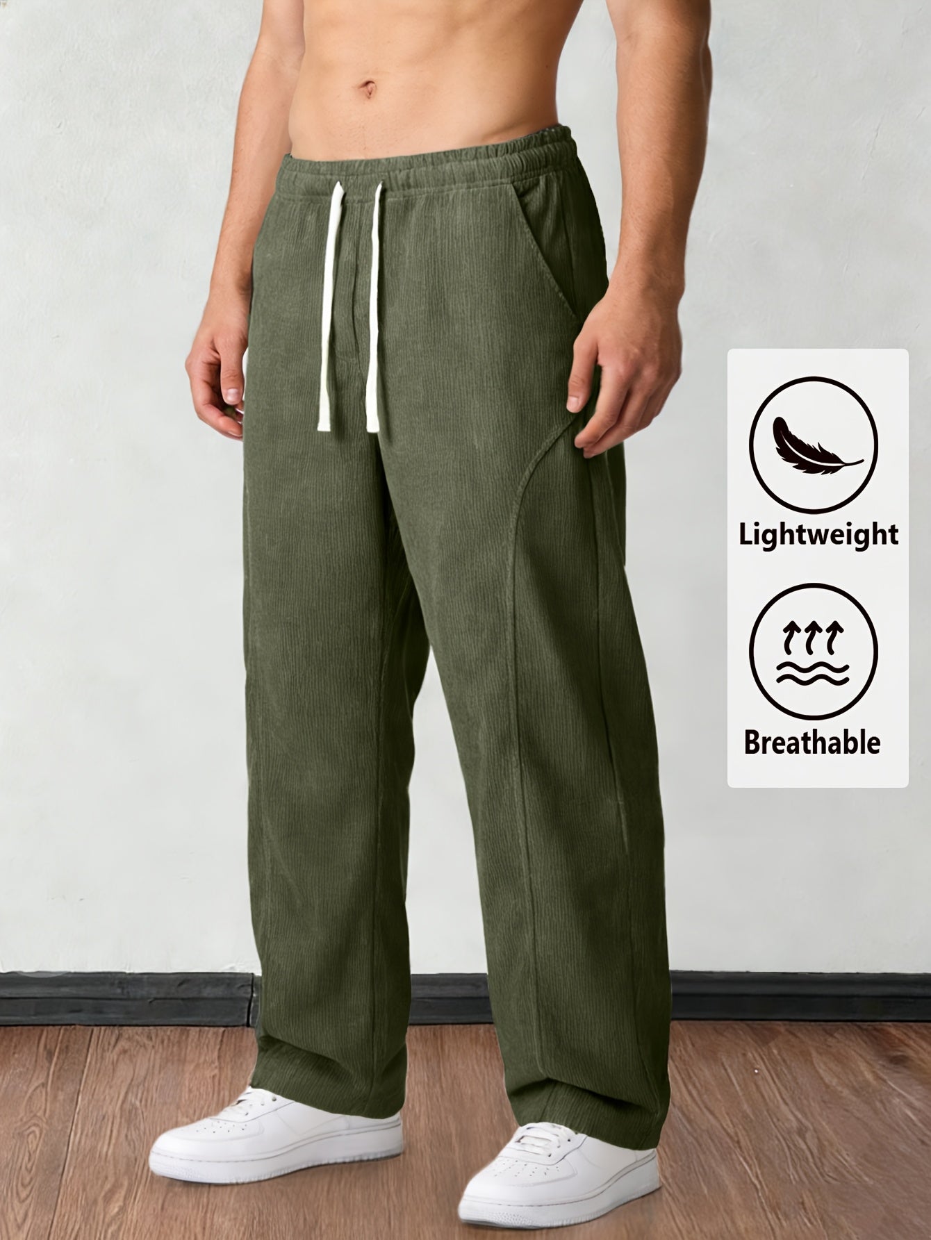 Men'S Solid Corduroy Straight Pants, Retro Pocket And Drawstring Waist, Breathable All-Season Trousers, Casual Daily And Workwear, Machine Washable, Comfortable Straight Fit Pants for Daily Activities