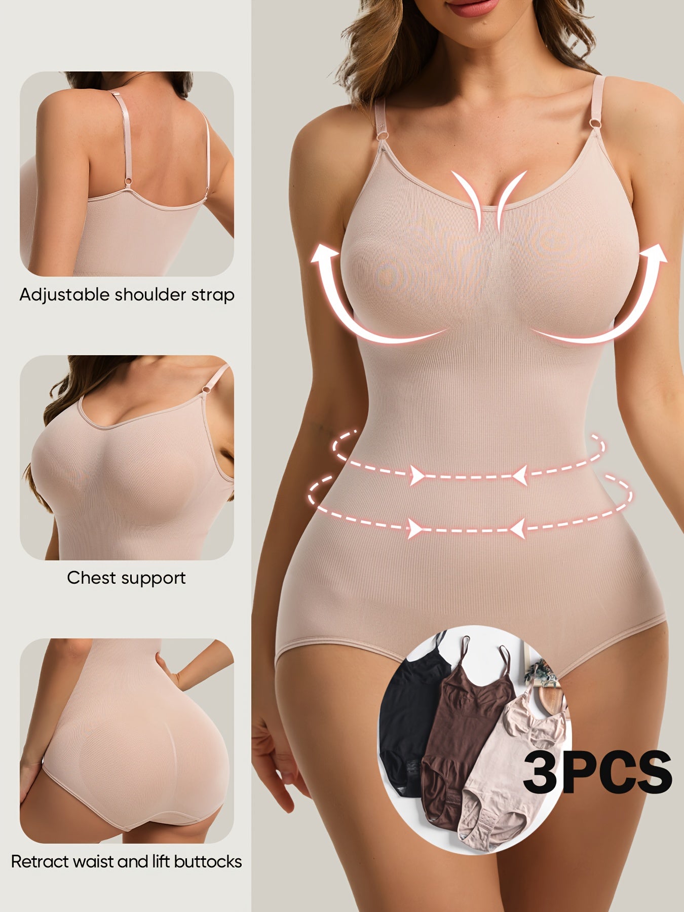 [3pcs Bodysuits Tummy Control] 3pcs Seamless Body Shaping Bodysuits for Tummy Control, Solid Color, Bodysuits, Fabric, Butt Lifting And Butt Slimmer Body Shaper