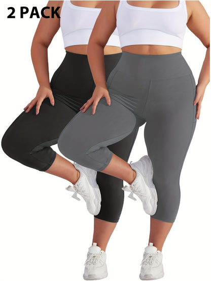 Plus Size - 2pcs Set - Plus Size High-Waisted Pocket Capri Pants - Soft Suitable for And Workouts - Elegant Style - New Spring And Summer Collection - Targeted Design