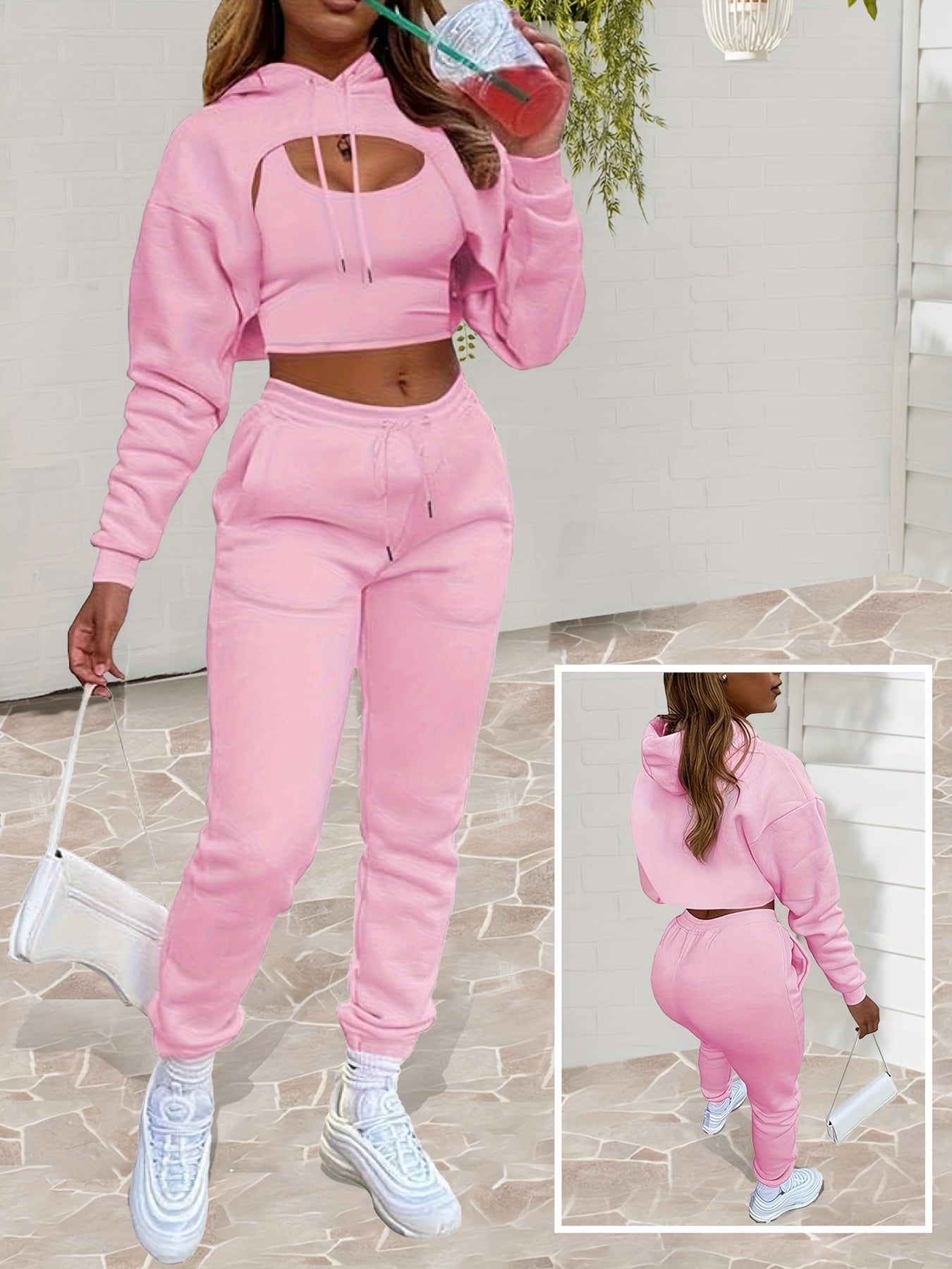 Women'S 3pcs Sweatsuits Sets Sexy Super Cropped Hoodie Tank Top And High Waisted Jogger Sweatpants Matching Loungewear Athleisure Outfits
