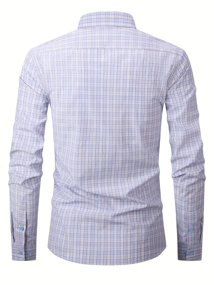 Men's Navy Blue & White Plaid Cotton Long-Sleeve Shirt - product view 20