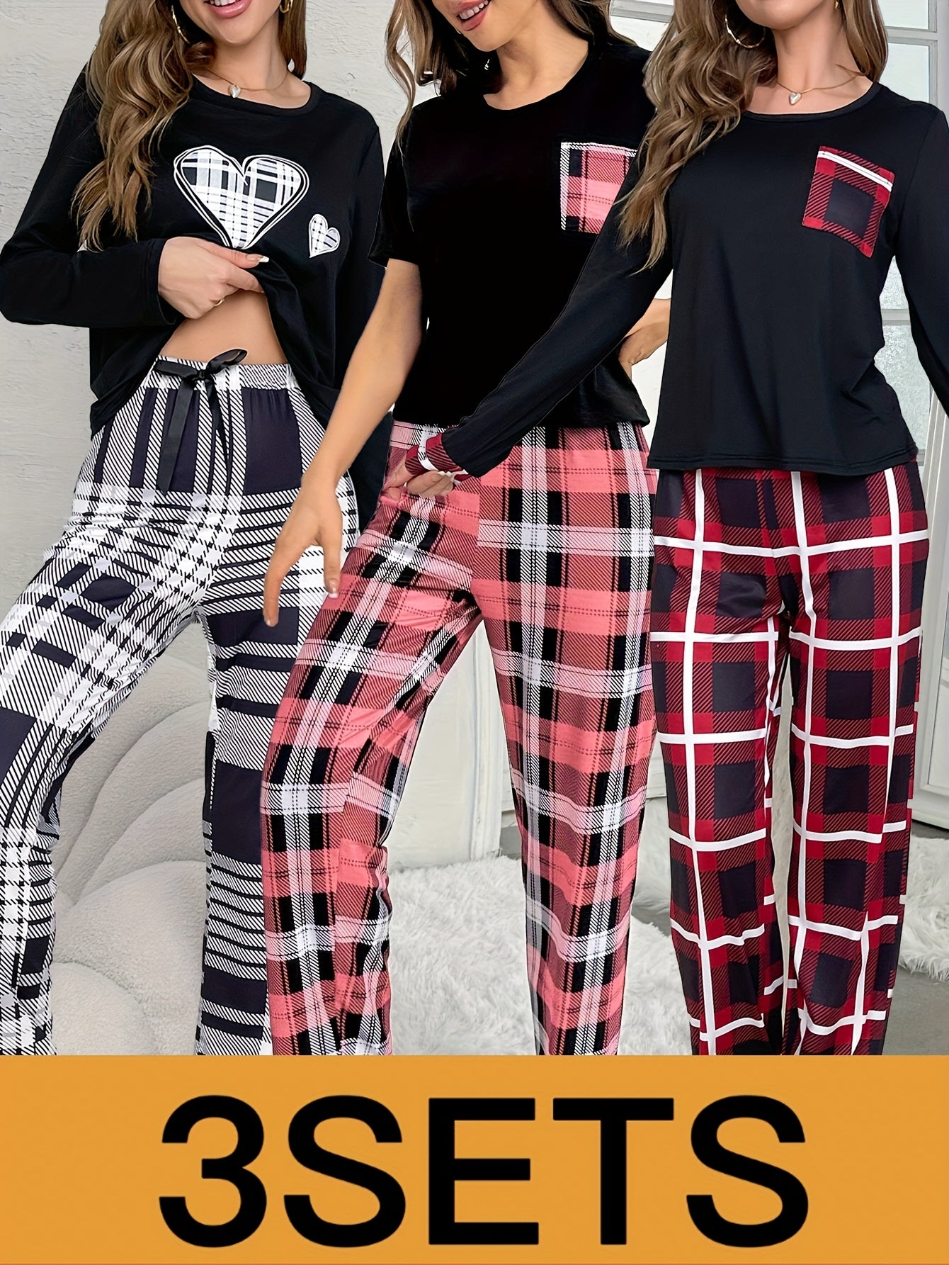A Six-Piece Set of New Casual Home Wear for Women with Heart-Shaped Printed Pockets, Long-Sleeved And Short-Sleeved Tops, Checked Trousers And Pajama Sets
