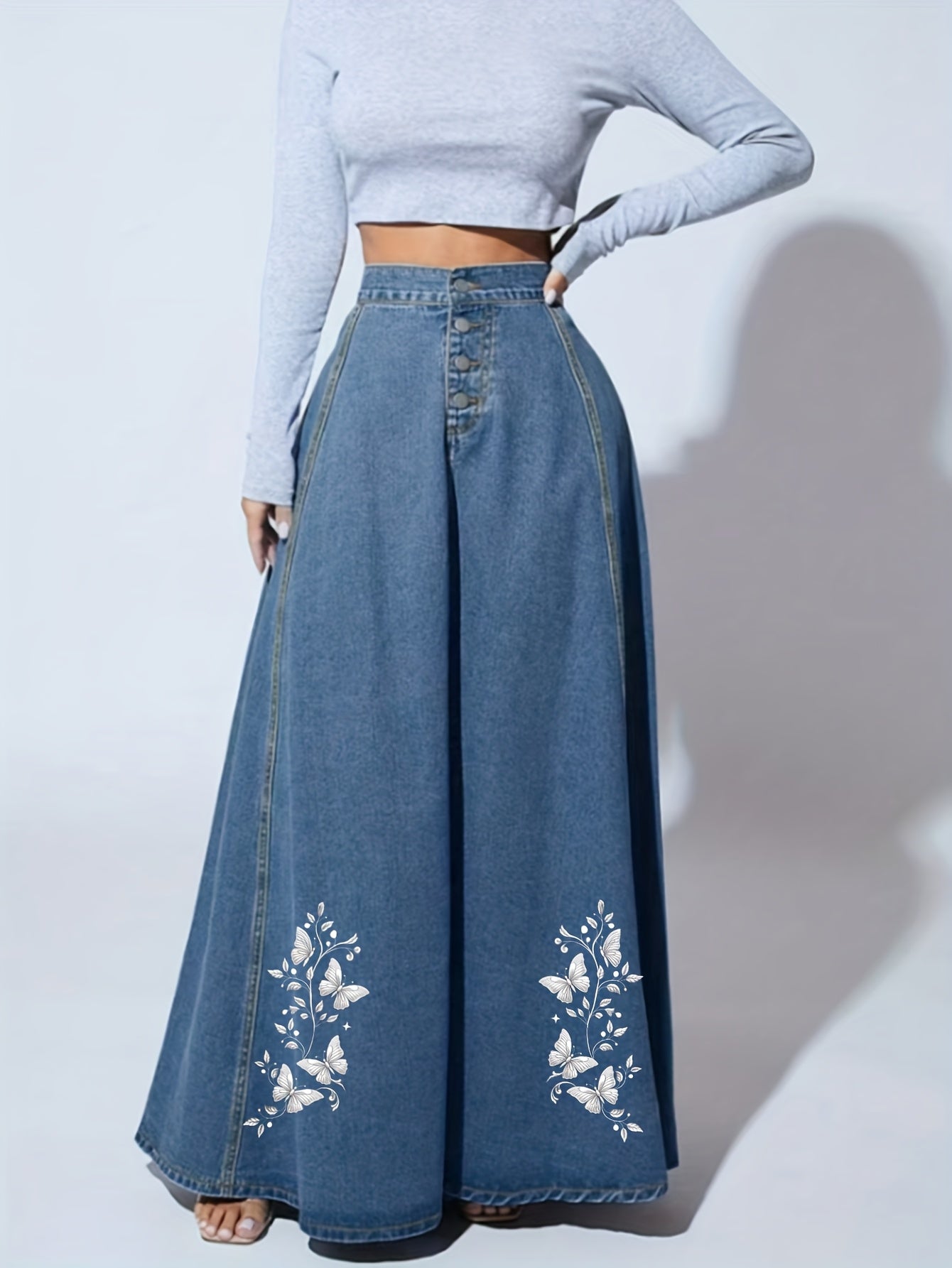 Women's Light Blue Denim Floral Skirt - product view 3