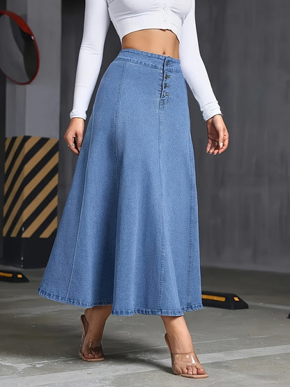 1pc Women'S Elegant Stretch Denim Skirt - Wide Swing Summer Length with Button Detail, Machine Washable Regular Fit Solid Color for Casual & Formal Wear, Everyday Fashion, Comfortable Fashion