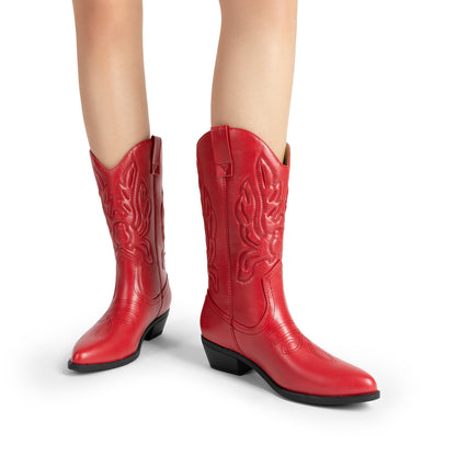 Women's Cowboy Boots Mid Calf Cowgirl Boots Embroidery Stitched Western Boots