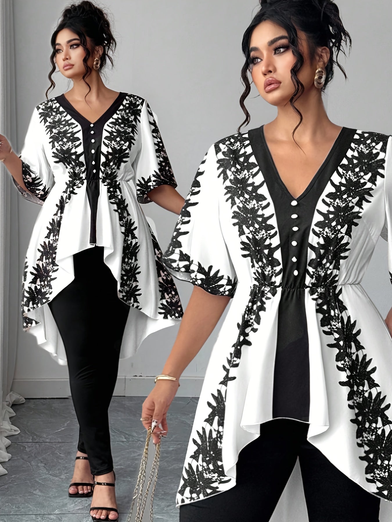 Women's White Polyester Printed V-Neck Dress - product view 1