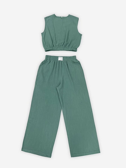 Women's Solid Color Loose Sleeveless Round Neck Wide Leg Pants Set 2pcs, Spring/Summer Casual Vibrant Cow Color Elastic Waist Straight Pants Set, Summer Comfortable Non-Formal Clothing Set