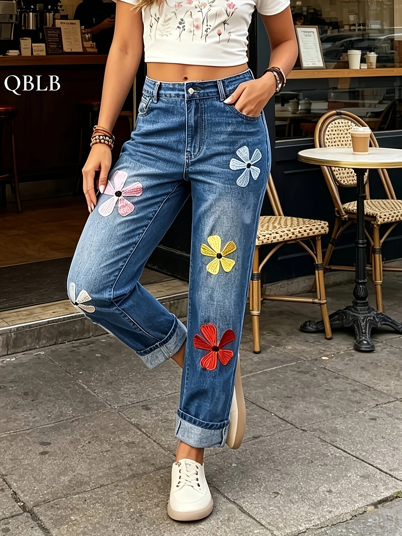 Women' Mid-Waist Slim-Fit Rolled-Up Straight- Jeans - Washed with print & rolled ankle, Machine-Washable All- Pants Suitable for Work, Casual, Weekend & for home Outfits