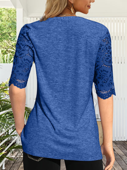 Women's Summer Pleated Button Short Sleeve T-shirt Summer V-neck Solid Color Casual Top