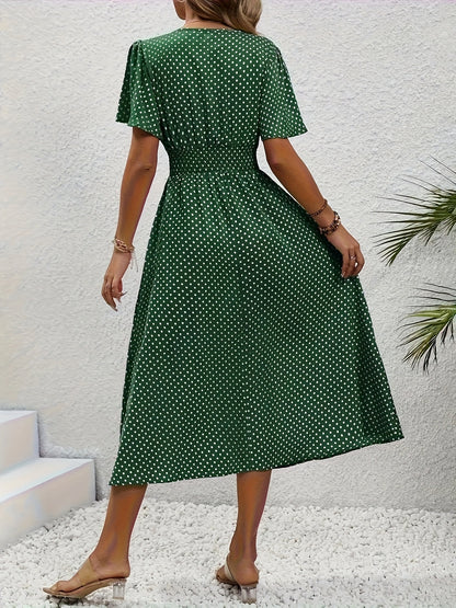 Stylish Pink Polka Dot Midi Dress for Ladies - Casual V-Neck, Ruffled Sleeves, Fitted Waist Design, Made from Lightweight, Ideal for Spring And Summer, Machine Washable