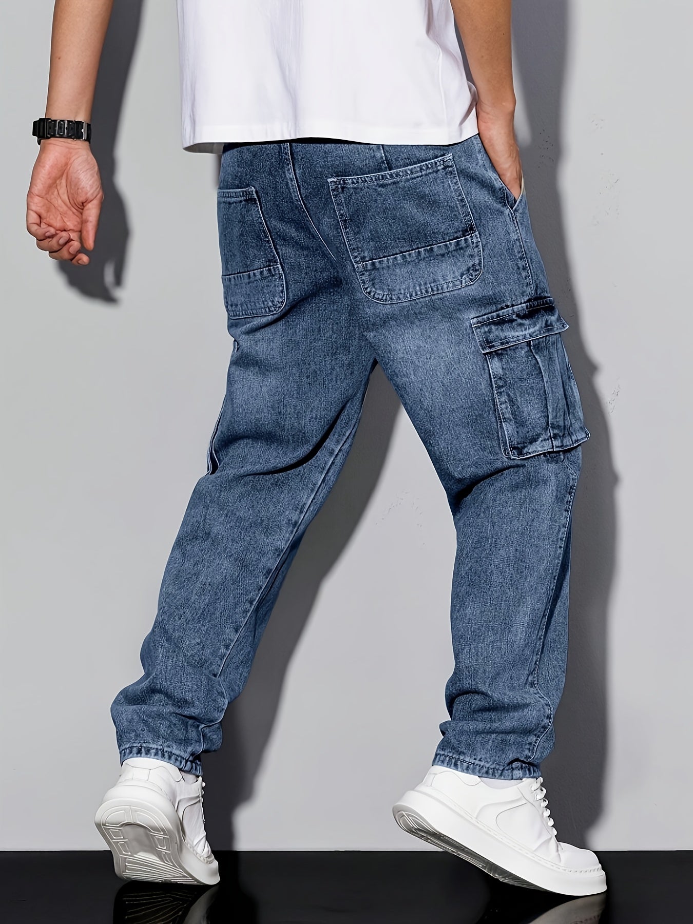[Hme]Men'S Workwear Casual Loose Short Straight-Leg Jeans, Elastic Denim for Comfort And Relaxation, Heavy-Duty Washed Classic Western Denim in Retro Blue, Designer Multi-Pocket, Suitable for All Seasons, Machine Washable, Built-In YKK5 Zipper