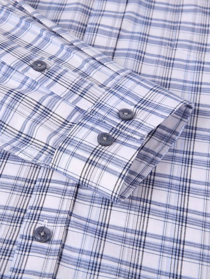 Men's Navy Blue & White Plaid Cotton Long-Sleeve Shirt - product view 34