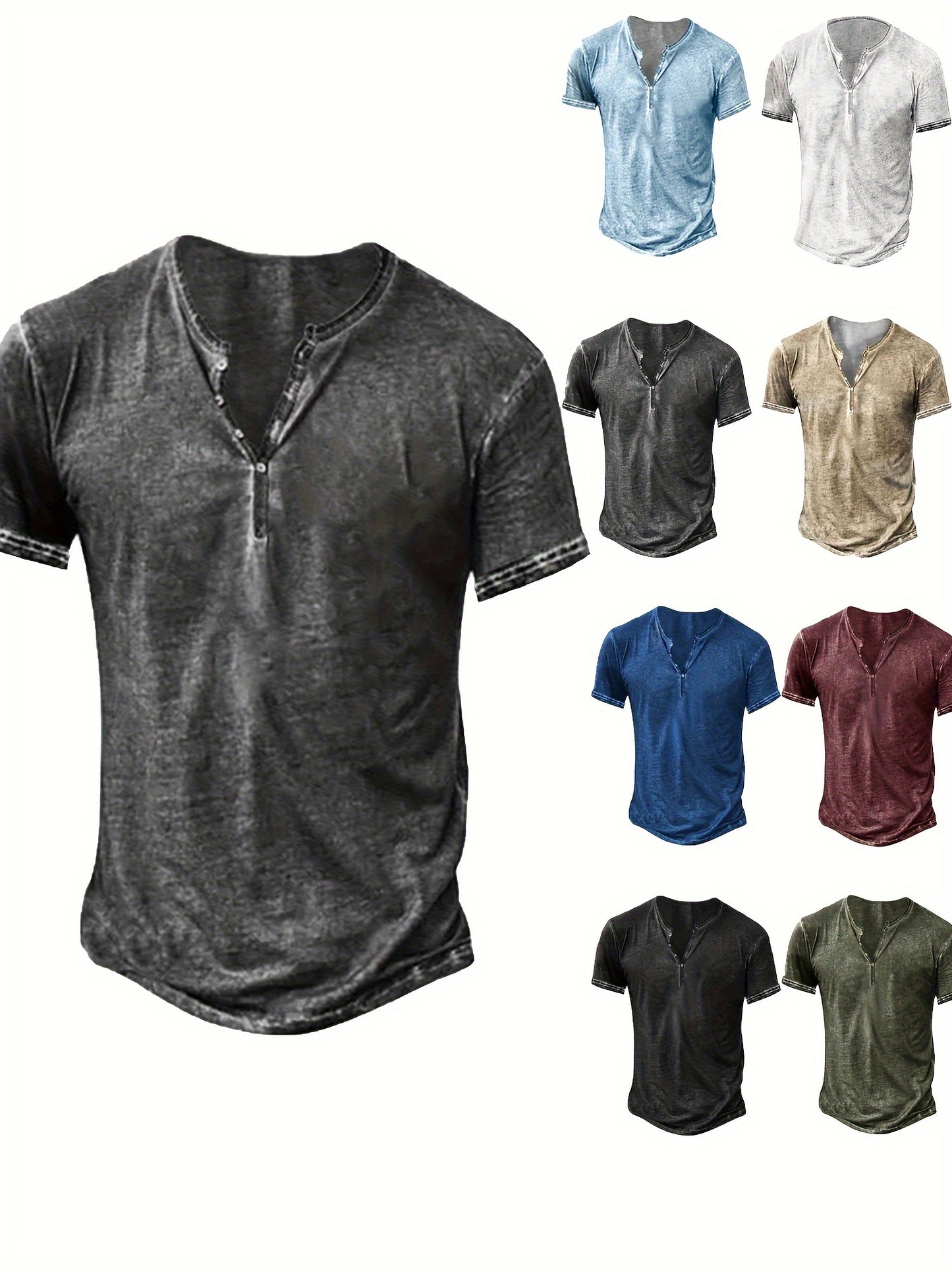 1Men'S Distressed Henley Shirt- Slim Fit Short Sleeve Button-Up T-Shirt with V-Neck& Placket Detailing, Machine Washable Casual Shirt in Olive Green, Black, Blue, Burgundy, Sporty Apparel| Athletic Style| Comfortable Tee