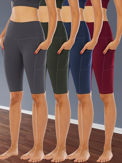 4pcs Women's High-Waisted Yoga Shorts with Pockets, Stretchy Fitness Running Cycling Workout Shorts with Tummy Control