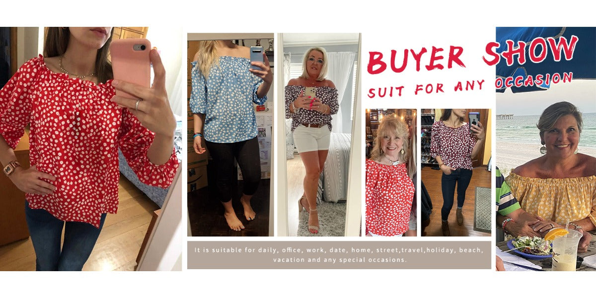 Womens Summer Off Shoulder Blouse Floral Print 3/4 Sleeve Casual Chiffon Tops Shirts
