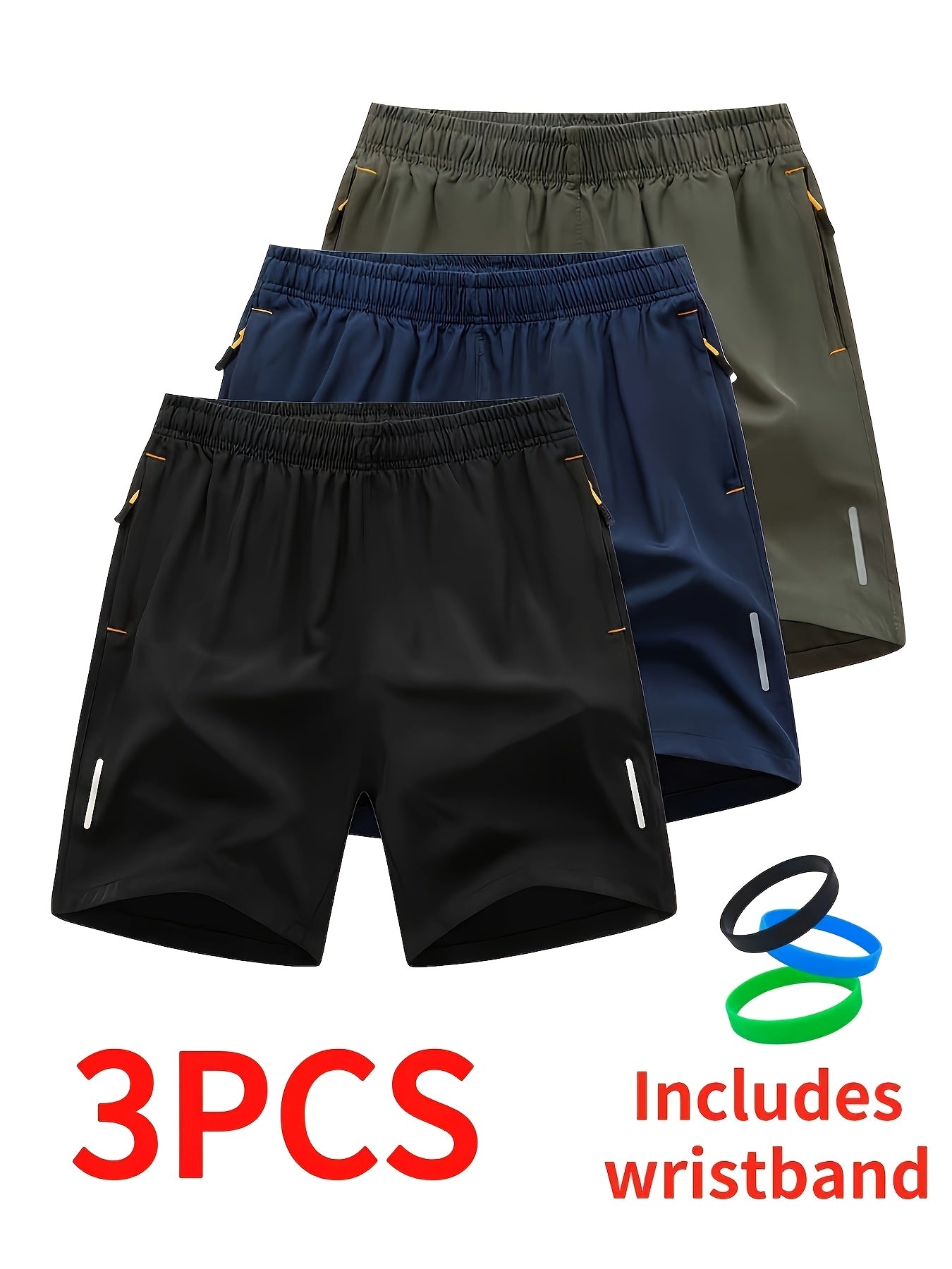 3 PCS Men's Stylish Athletic Shorts, Black Drawstring Design, Zipper Pockets, （Includes wristband）Ideal for Summer Workouts and Outdoor Activities, Plus Size Shorts
