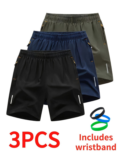3 PCS Men's Stylish Athletic Shorts, Black Drawstring Design, Zipper Pockets, （Includes wristband）Ideal for Summer Workouts and Outdoor Activities, Plus Size Shorts