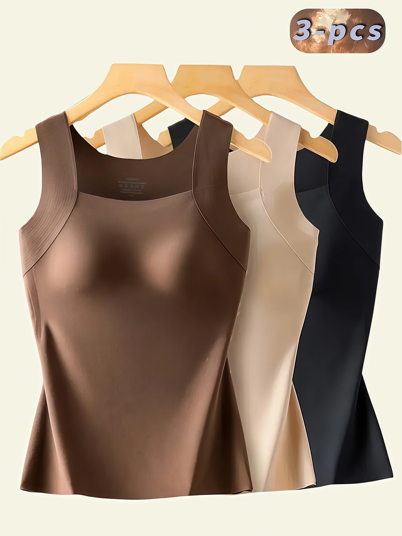 3pcs Women'S Plus Size Seamless Tank Top with Built-In Bra- Slim-Fit Lifting, Skin-Friendly Base Layer, Sleeveless Wide Straps, Solid Black/Apricot/Brown, Smooth Washable Fabric, All-Season Layering for Daily Use