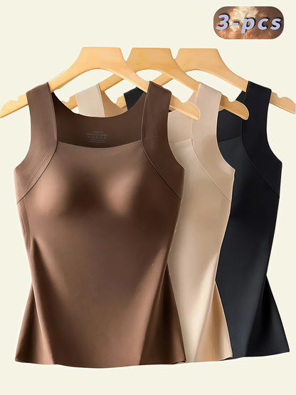 3pcs Women'S Plus Size Seamless Tank Top with Built-In Bra- Slim-Fit Lifting, Skin-Friendly Base Layer, Sleeveless Wide Straps, Solid Black/Apricot/Brown, Smooth Washable Fabric, All-Season Layering for Daily Use