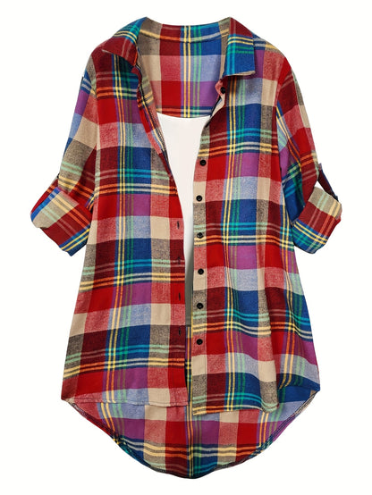 [Plaid Long Sleeve Shirt] For Plus Size - For Plus Size - Autumn And Winter Plaid Long Sleeve Button Up Casual Shirt - Plaid Print, Button Up Design, Pockets, Thin And Thick - A Versatile Shirt For Plus Size Ladies For Life And Work
