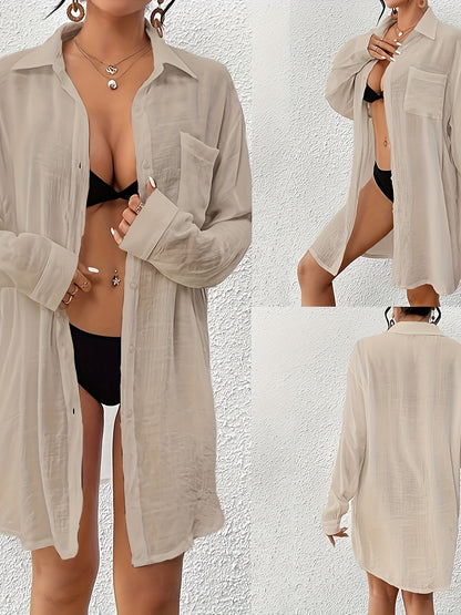 Women's Plus Size Beach Cover-Up Shirt, Casual Style Long Sleeve Swimwear, Solid Color Cardigan for Seaside Vacation