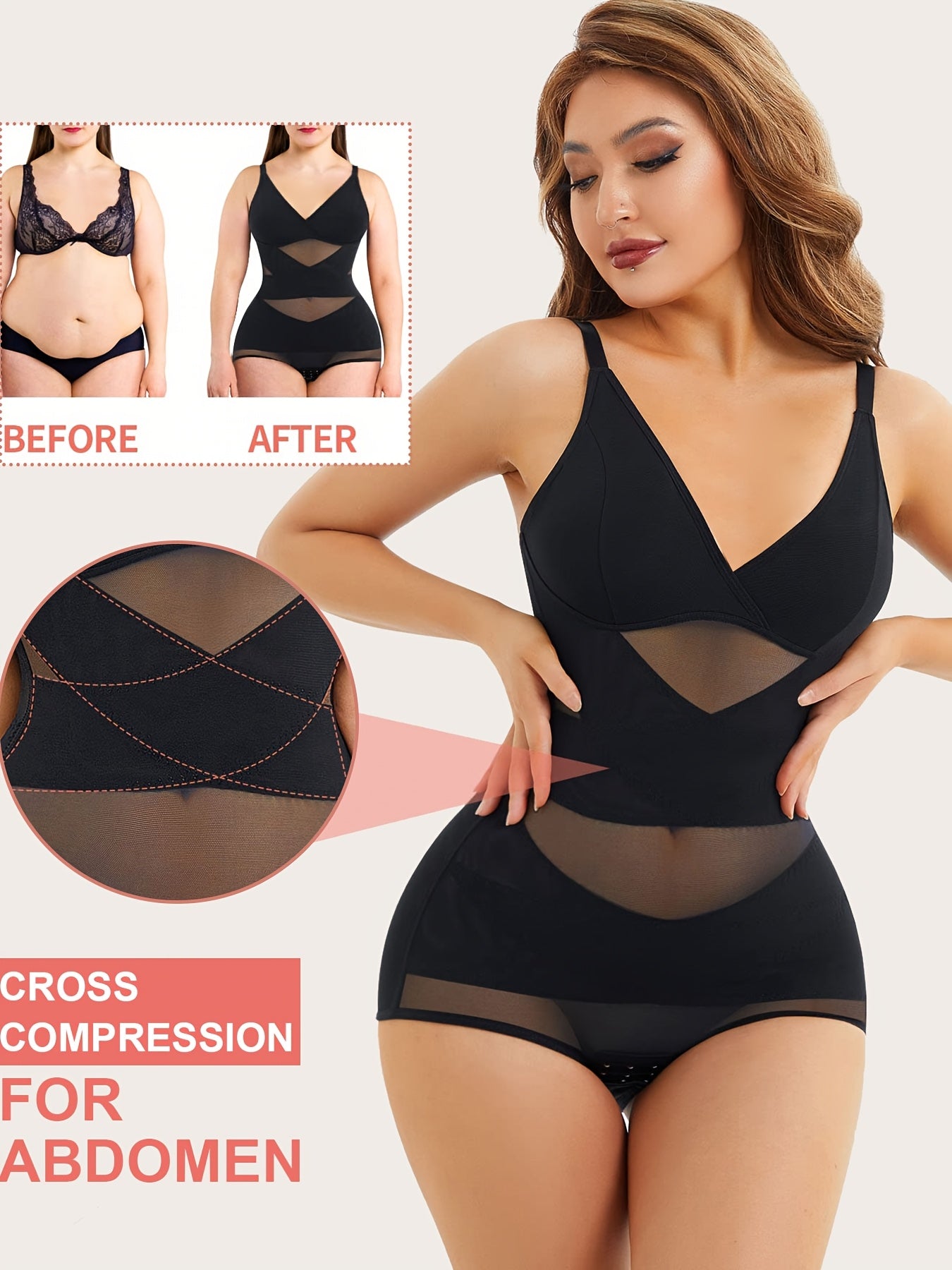 2pcs V Neck Bra Body Shaper Tummy Control Waist Training Full Body Shaping Butt Lifting Panties Jumpsuit Top