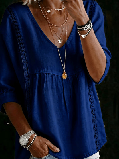 Women'S V-neck Loose-fit Top With Lace Panels; Elegant Design, Three-quarter-length Puff Sleeves, Lace Cut-out Detailing At The Sides, Figure-flattering Cut That Conceals The Tummy; Perfect For Bohemian-inspired Office Wear