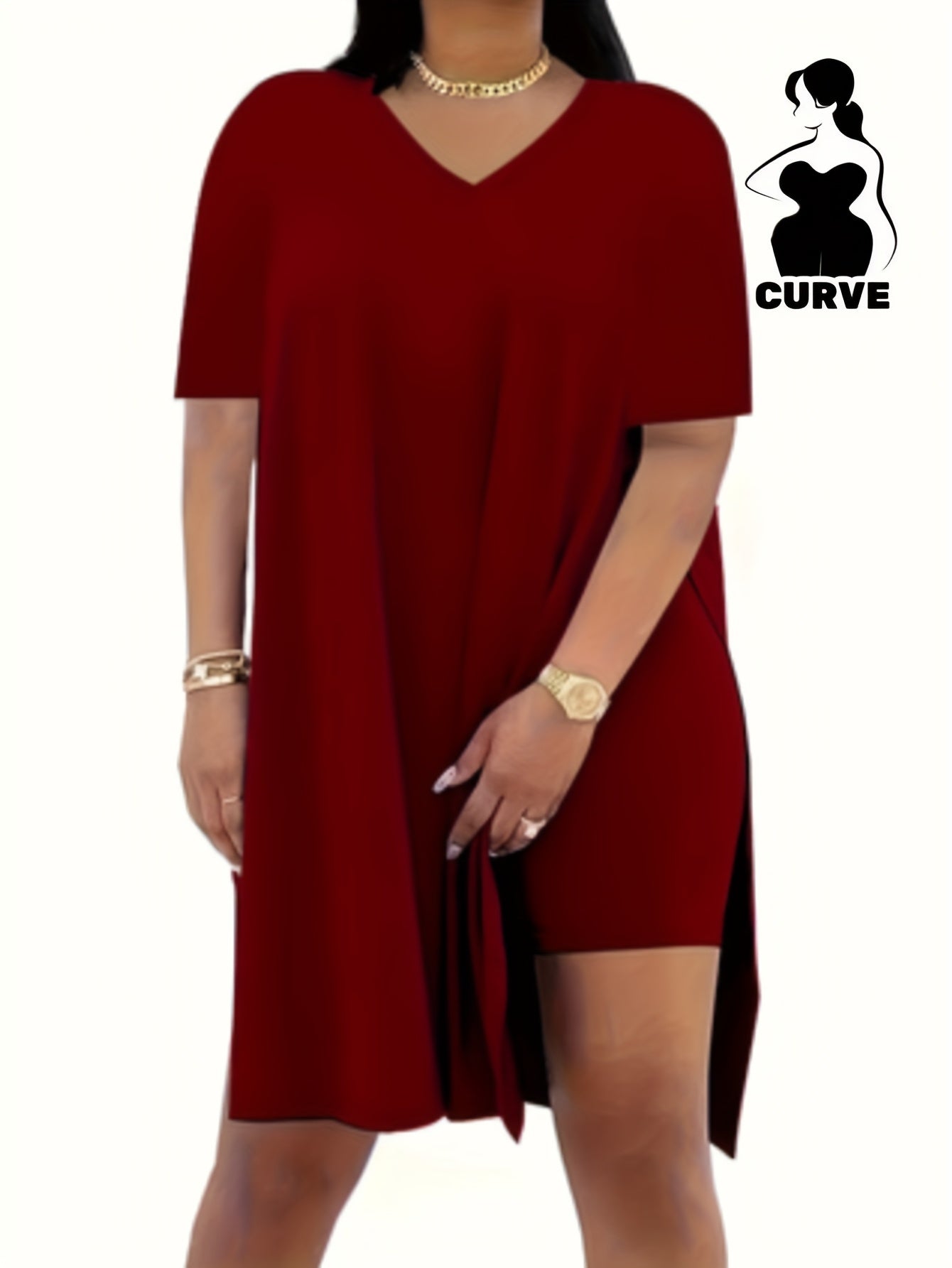 2pcs Set, Plus Size Women's Suit, Short Sleeve, Belted Waist, Top And Leggings