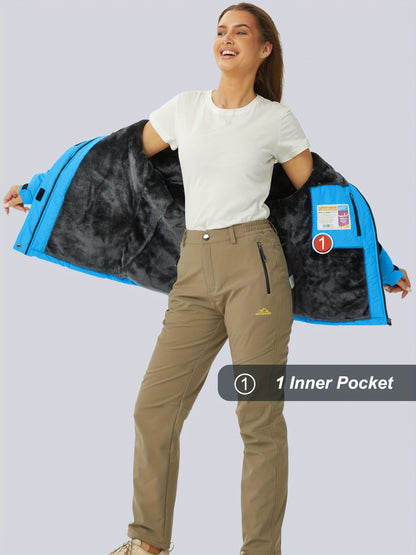 [Winter Jacket for Women]Women'S Ski Snowboard Jacket Thermal Fleece Insulated Snow Jacket Casual Work Jacket Coat Windbreaker Parka 4 Pockets Camping Snow Jacket Warm Winter Hiking Fleece Lined Jacket
