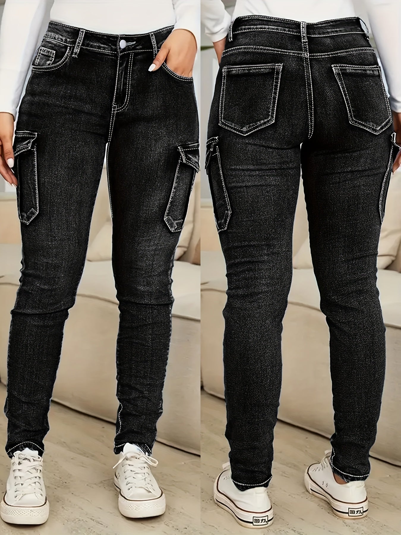 Plus Size - Women'S Plus Size High-Waist Stretchy Skinny Jeans with Pockets - Dark Blue Casual Tight Pants, Comfortable And Stylish for Casual Attire, High Waisted Jeans, Comfortable Clothing, Minimalist Design, Smooth Texture