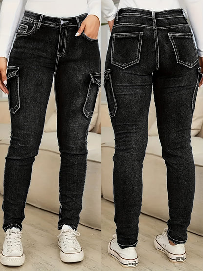 Plus Size - Women'S Plus Size High-Waist Stretchy Skinny Jeans with Pockets - Dark Blue Casual Tight Pants, Comfortable And Stylish for Casual Attire, High Waisted Jeans, Comfortable Clothing, Minimalist Design, Smooth Texture