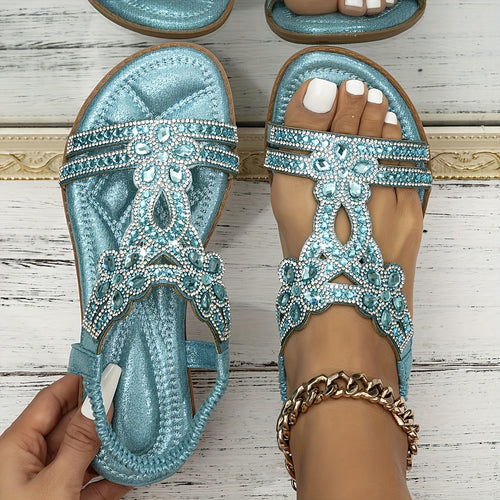 New Summer Sandals for Women in Large Sizes, Featuring a Hollow Design And Crystal Embellishments, Perfect for Beach Trips And Vacations with a Comfortable Bohemian Flair., Women Shoes