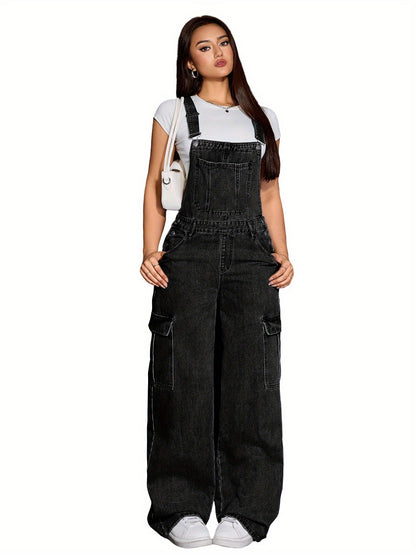 Women'S Denim Wide-Leg Cargo Jumpsuit with a Loose Fit, Baggy Design, And Adjustable Straps