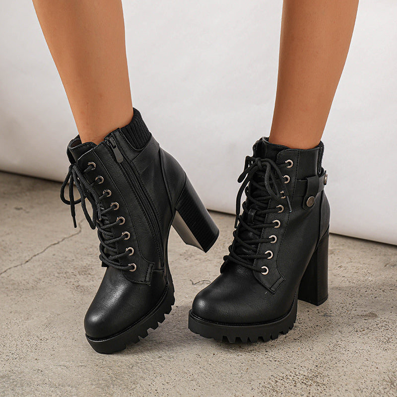 Women Short Boots Fall Winter Boots Women's Lace up Combat Ankle Boots High Chunky Heel Fashion Heeled Booties Shoes Black Boots