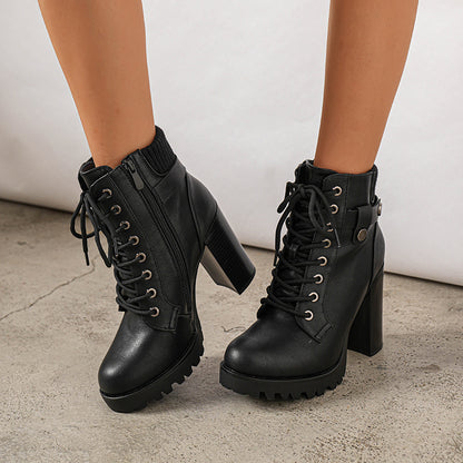 Women Short Boots Fall Winter Boots Women's Lace up Combat Ankle Boots High Chunky Heel Fashion Heeled Booties Shoes Black Boots